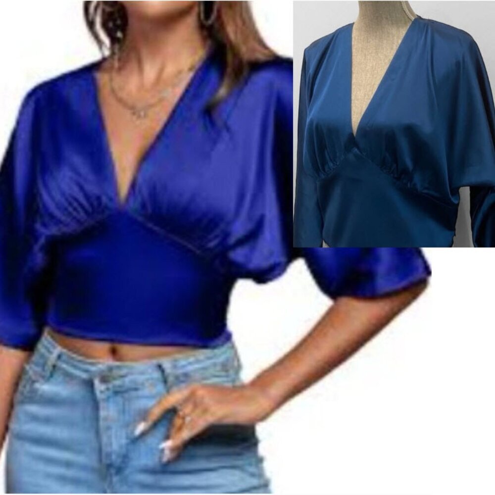 Banana Republic Satin Blouse Batwing Sleeve Deep Blue Size 14
